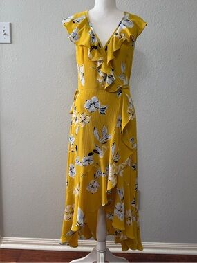 Donna Morgan Mustard Yellow Floral Adjustable Wrap Ruffle High Low Maxi Dress